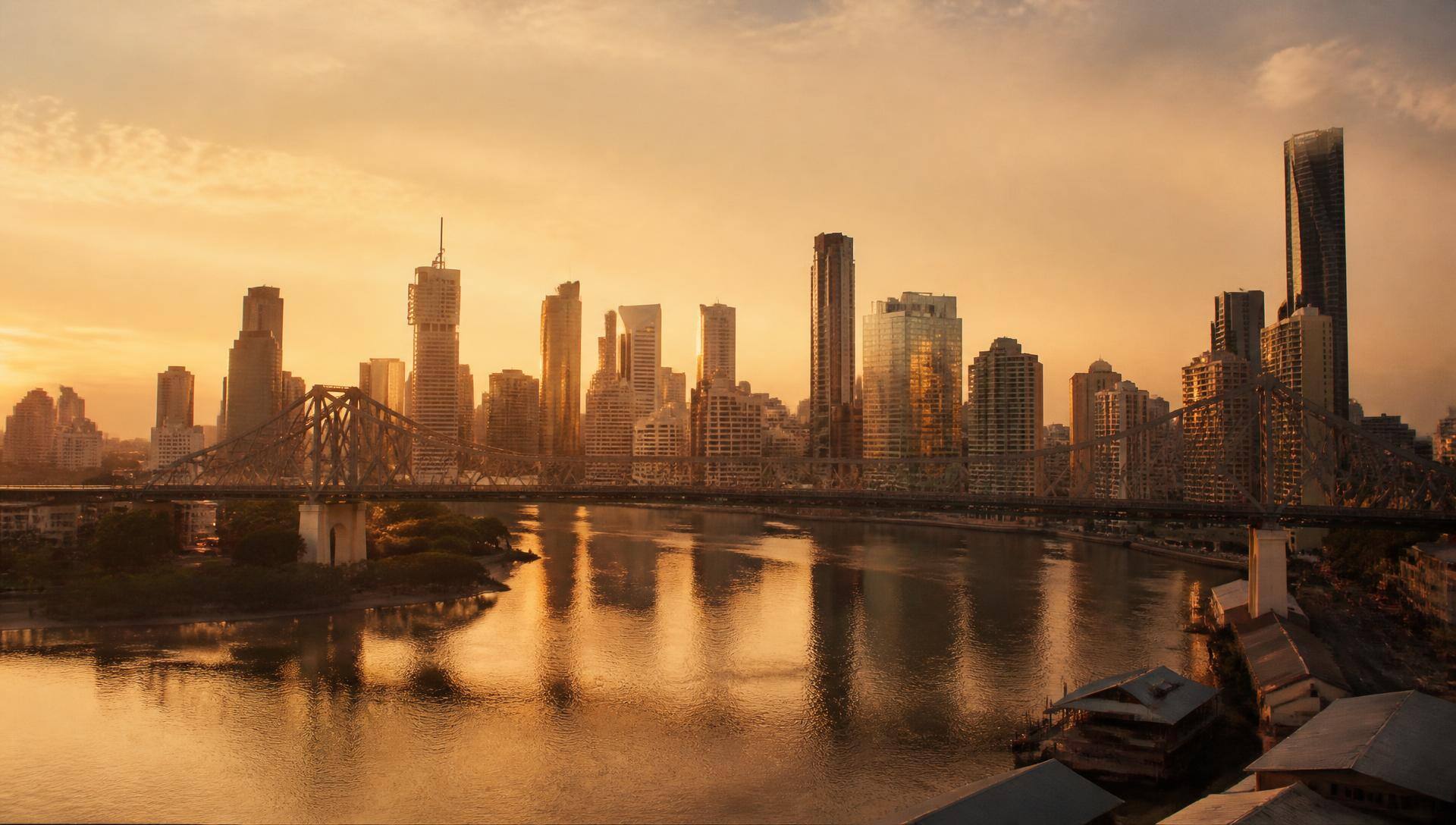 Brisbane city skyline at golden dusk